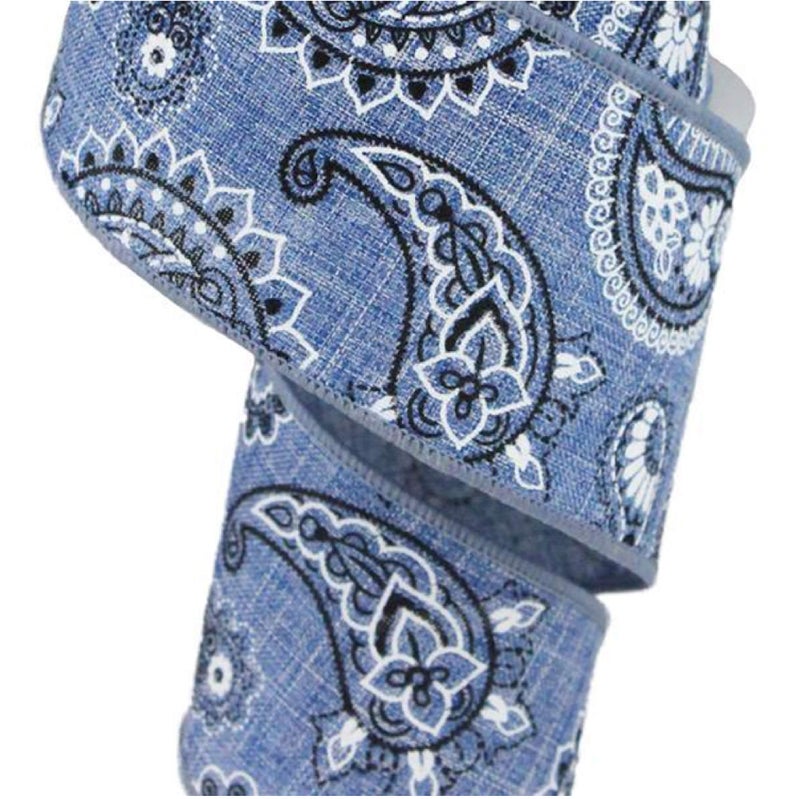 Denim Wired Ribbon, Blue Black White Paisley, Craft Accent Supply for Wreath, 2.5 inch x 10 Yard, Bandana Crafter 4th of July RG01870CT